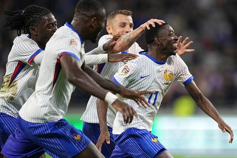 2024–25 UEFA Nations League, France vs Belgium: Ousmane Dembele, right, celebrates with teammates after scoring his side's second goal